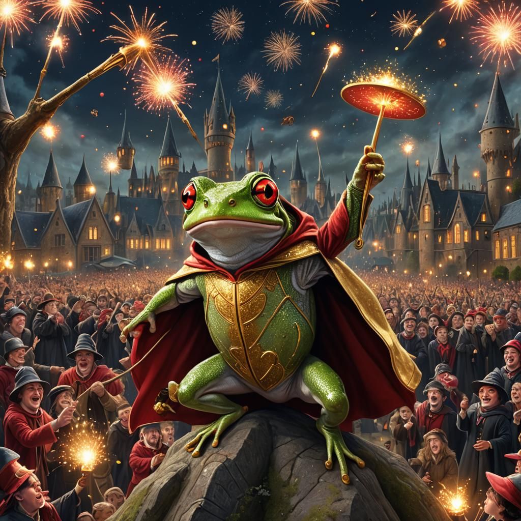 Tree Frog Wizard at Hogwarts in Candy Art Style