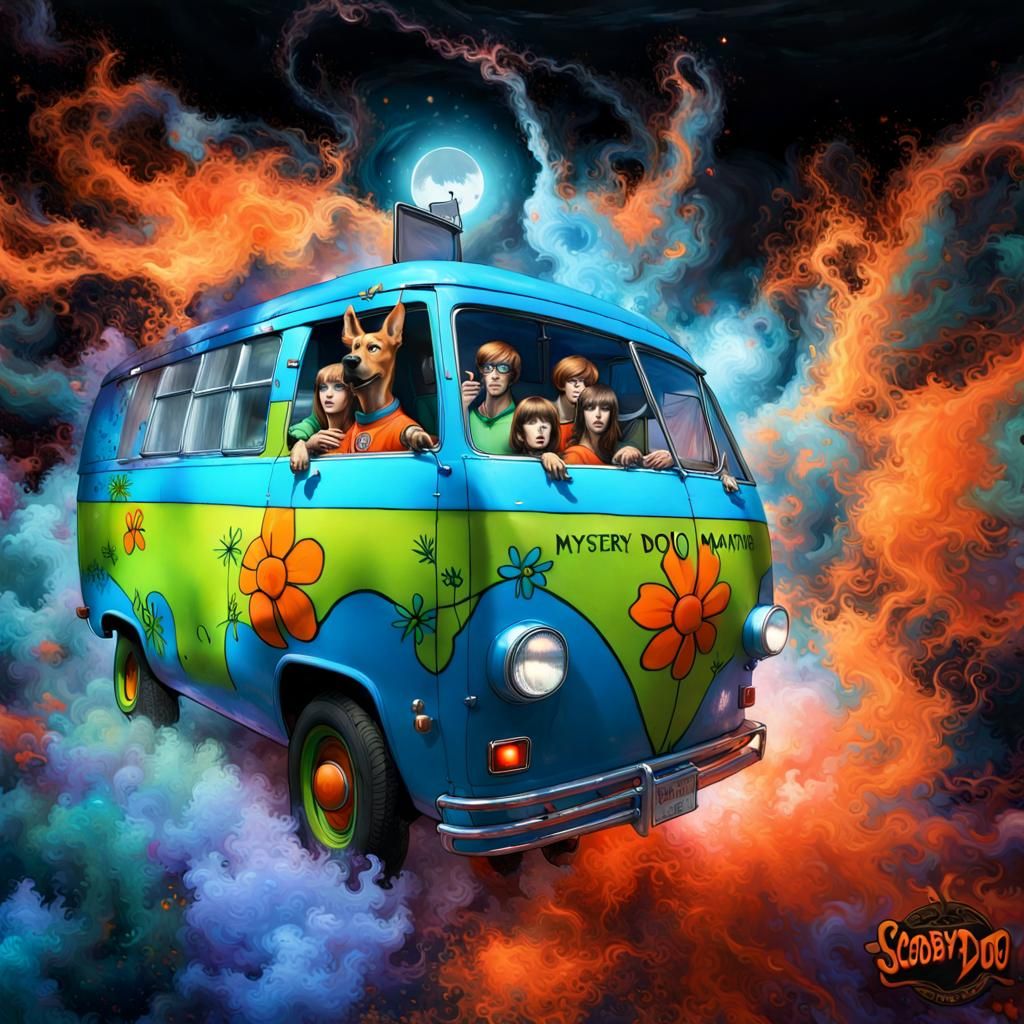 The Scooby-Doo "Mystery Machine" is a blue van painted with orange flowers and green details in 60's style, parked in ma...