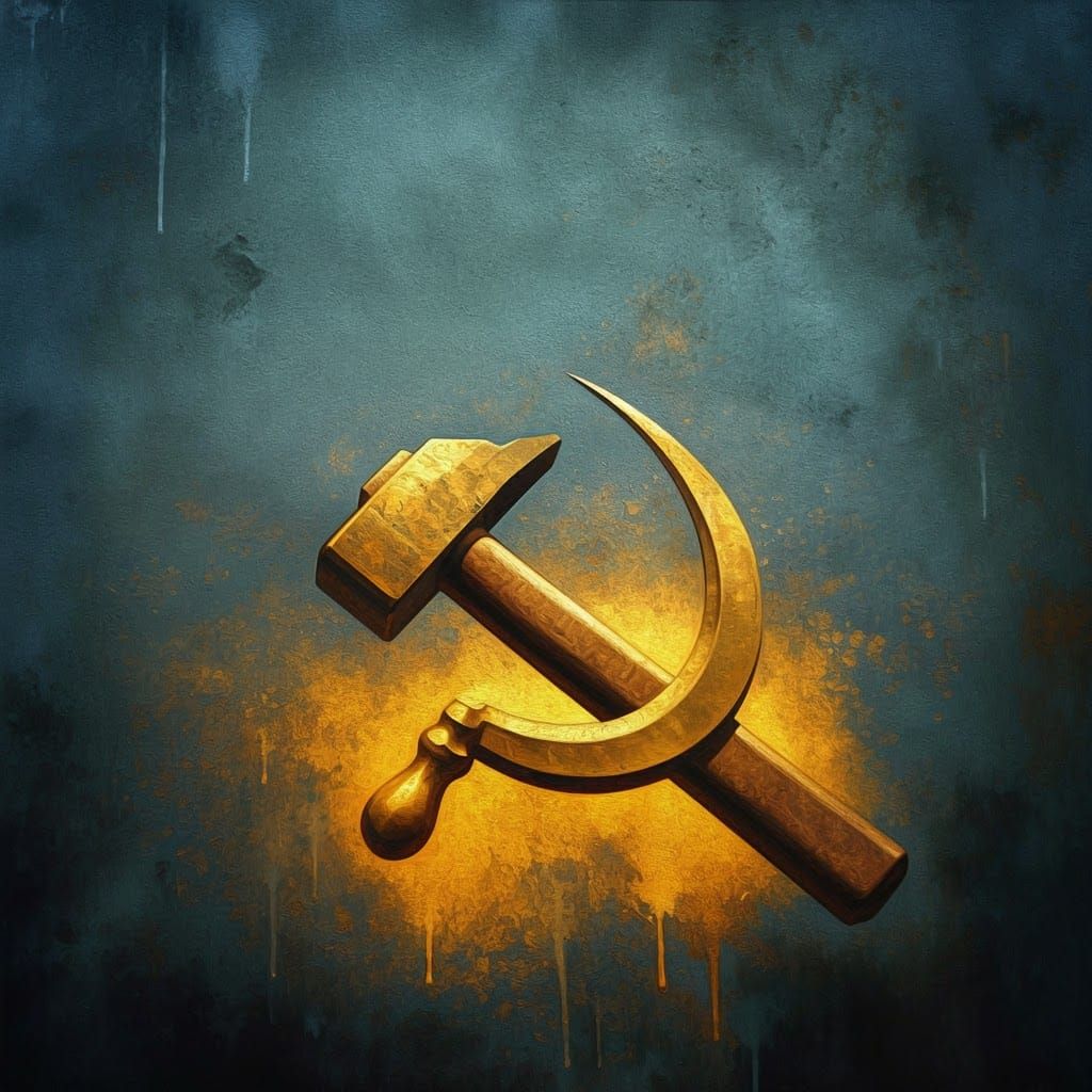 Majestic Hammer and Sickle in Atmospheric Oil Painting