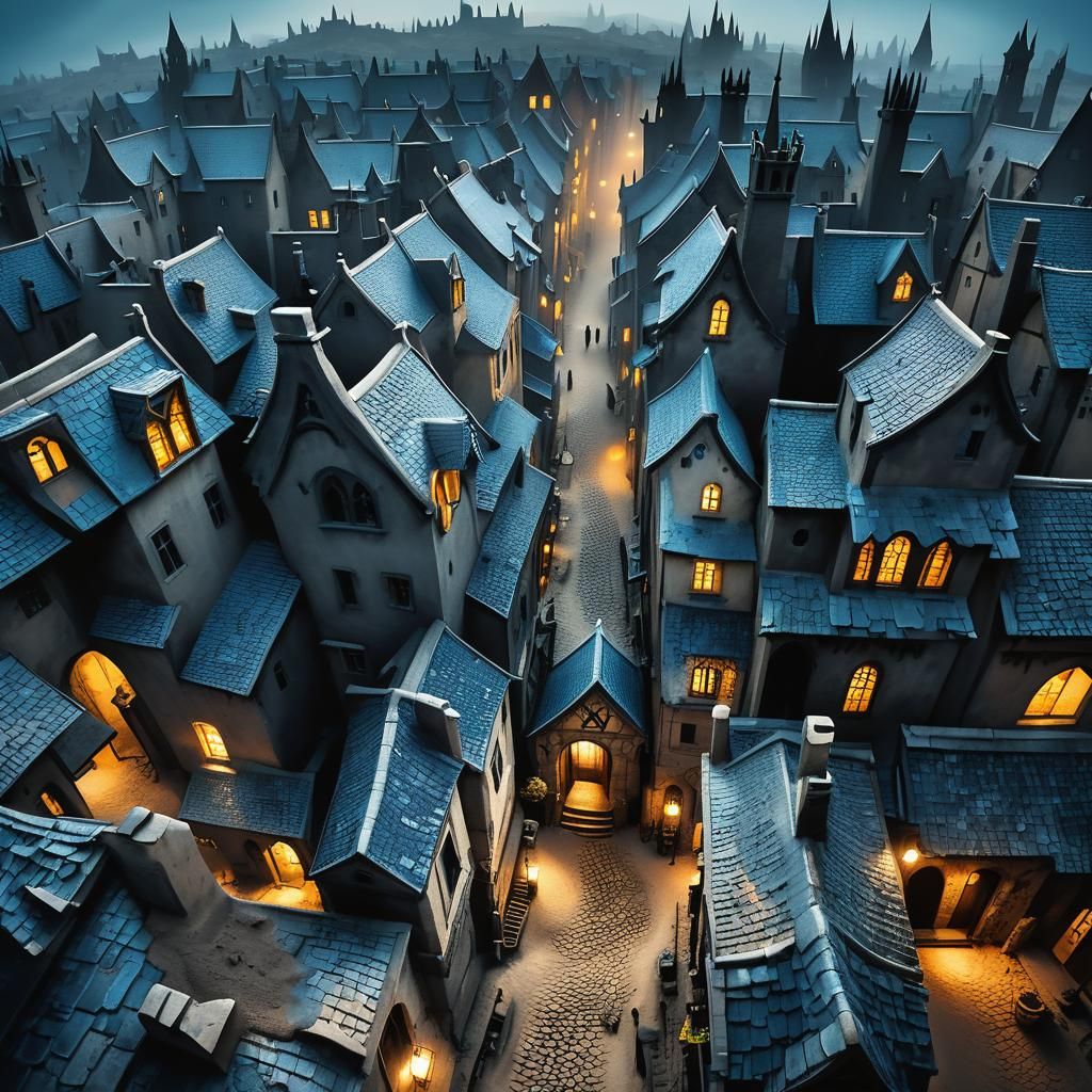 Surreal Gothic Cityscape with Mysterious Creatures and Intri...