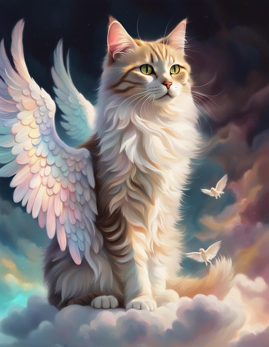 Angelic Cat on Cloud in Heaven: Digital Painting