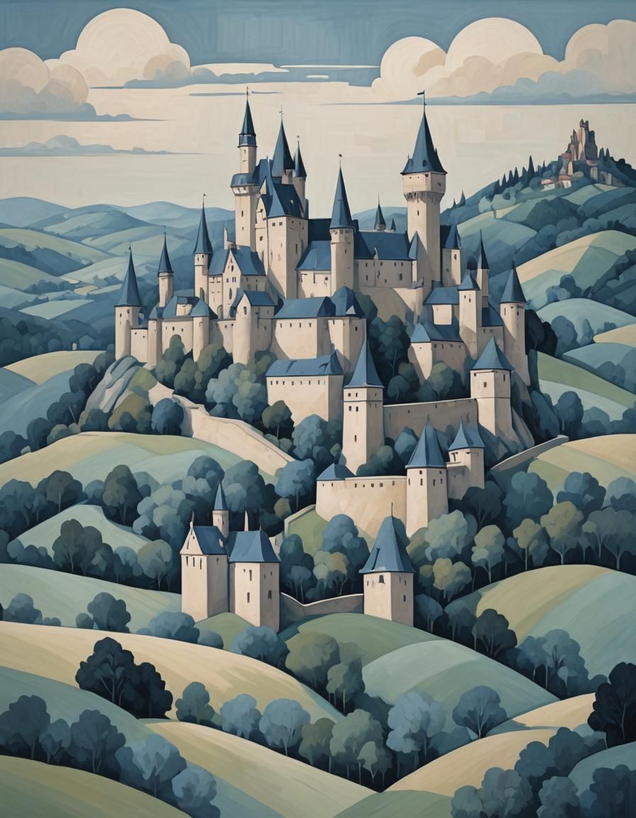 Modernist Medieval Landscape in Monochrome Pastels