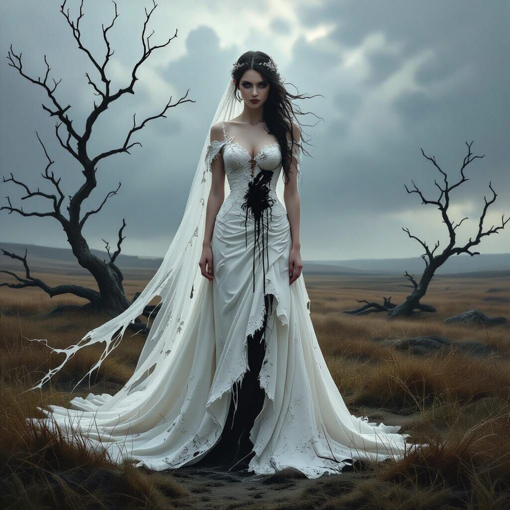 Elf Bride in Torn Gown on Windswept Moor