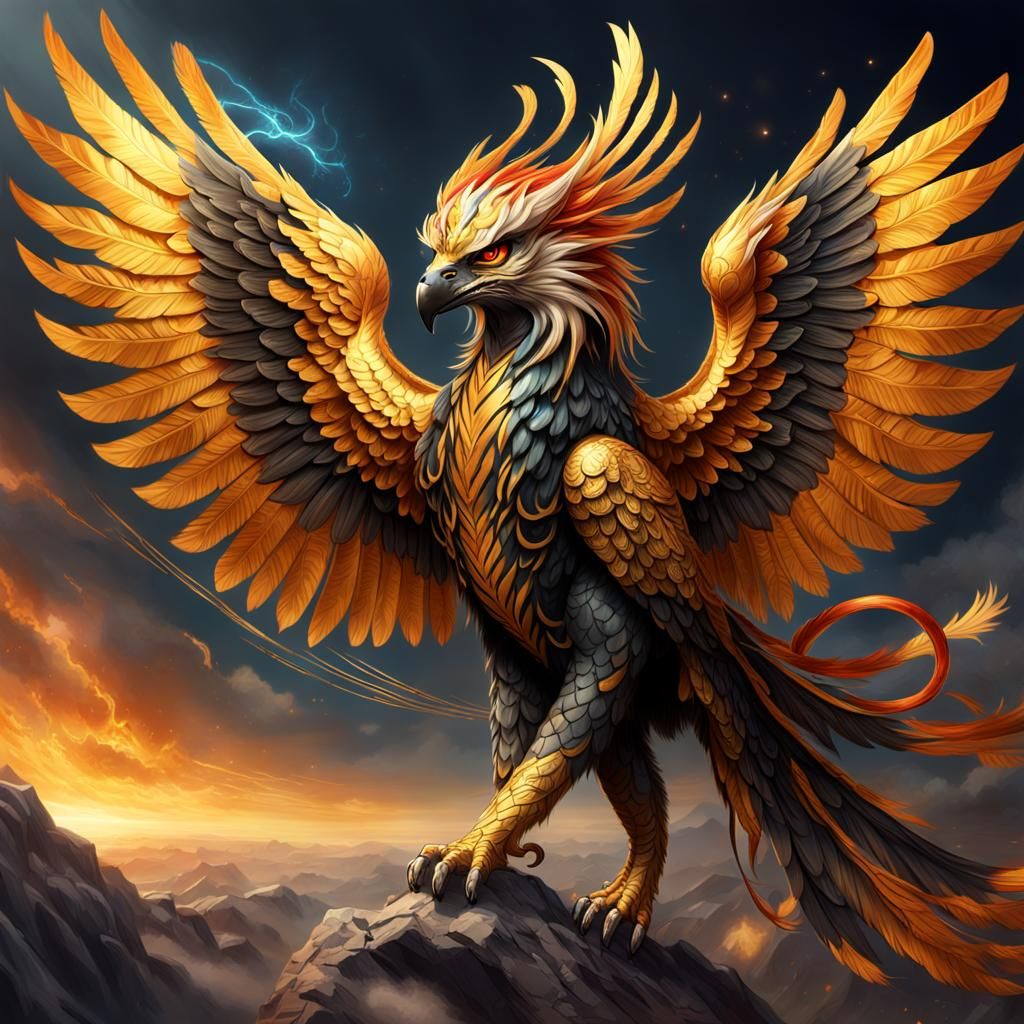 Anthropomorphic Phoenix with Metallic Wings in Forest