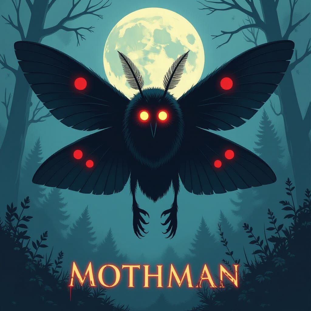 Furry Mothman with Glowing Eyes in Noir Fantasy Style