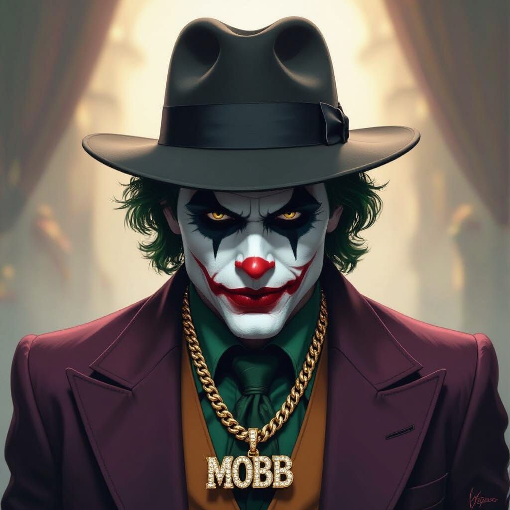 Joker in Fedora with Gold Chain, Noir Illustration