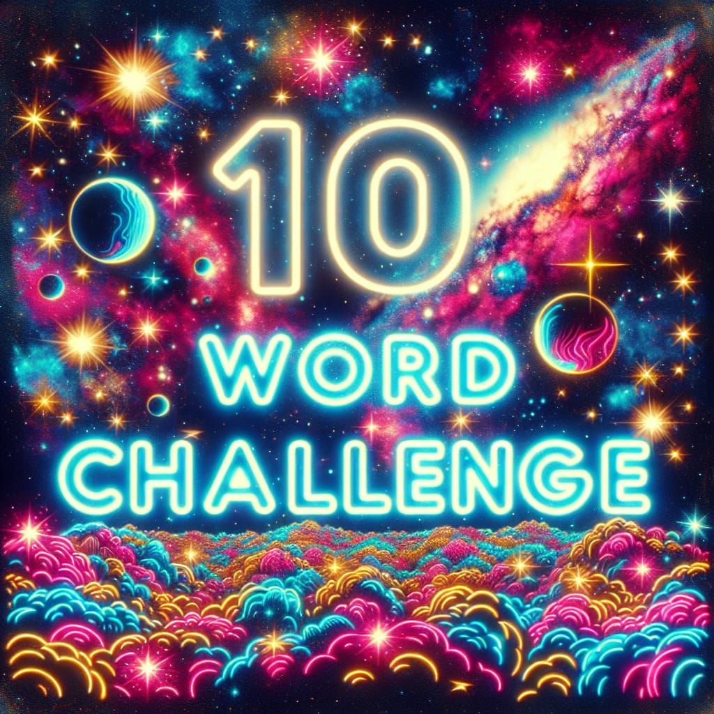 Psychedelic Galaxy with Neon '10 WORD CHALLENGE' Typography