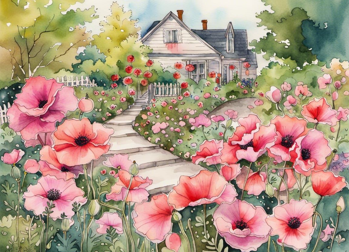 Poppies and Azaleas: Watercolor Garden Scene