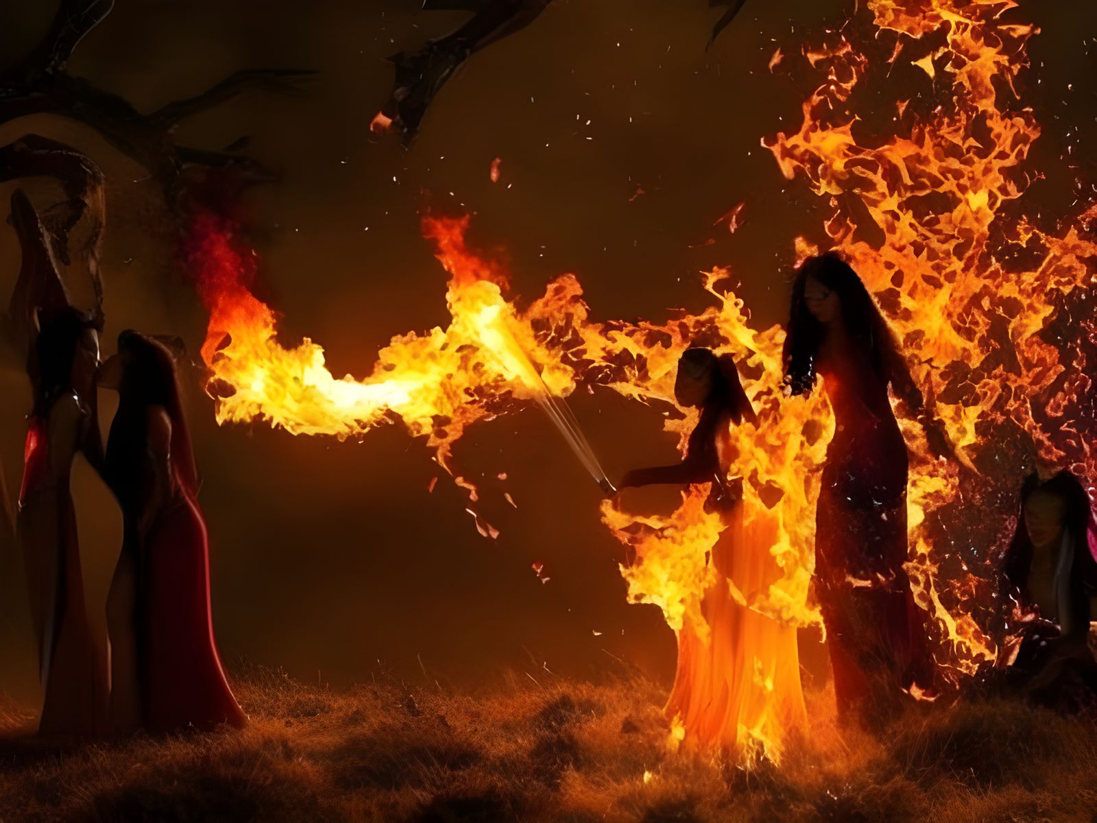 Colorful Fire Entities Dance in Fantasy World