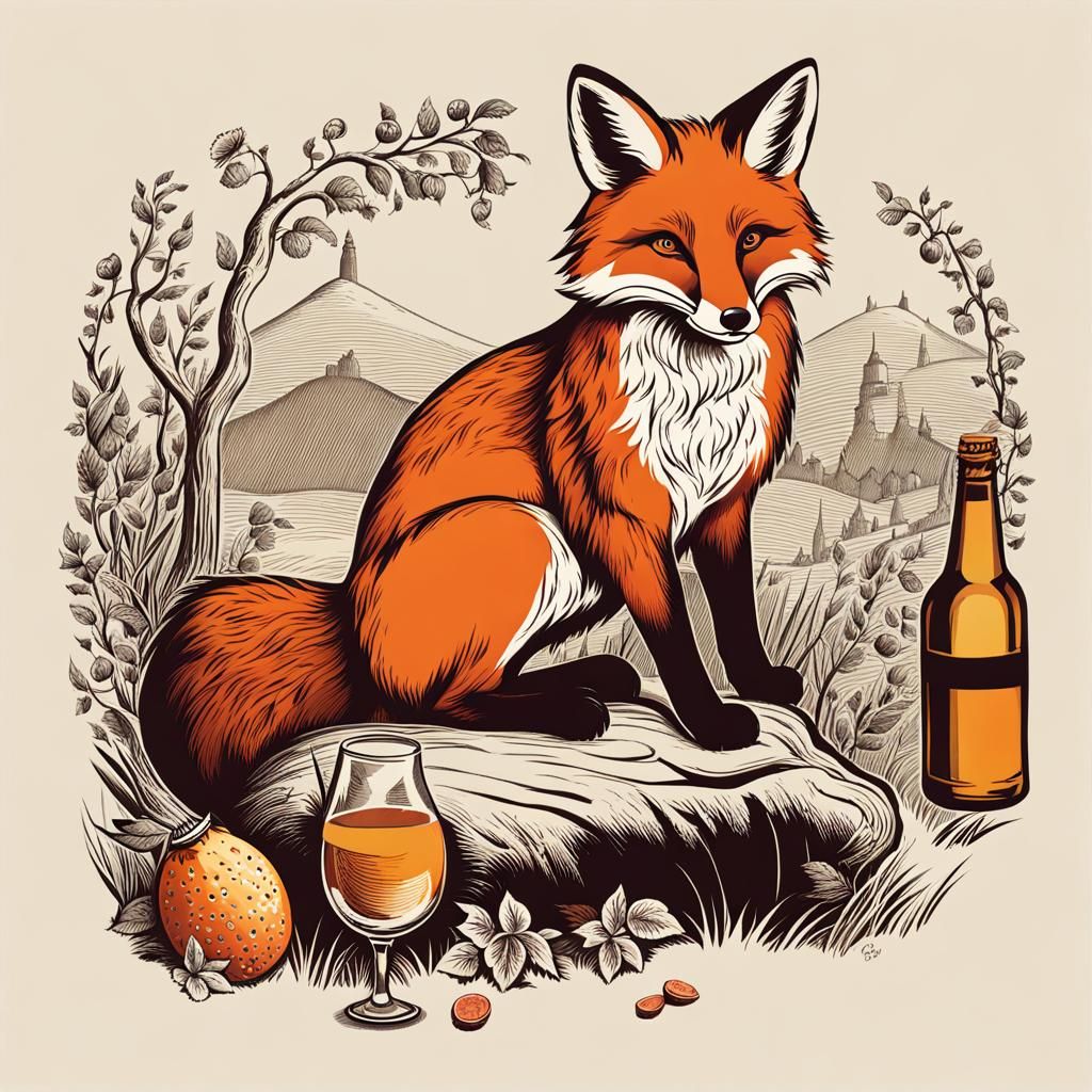 Fox with Cider Bottle Illustration