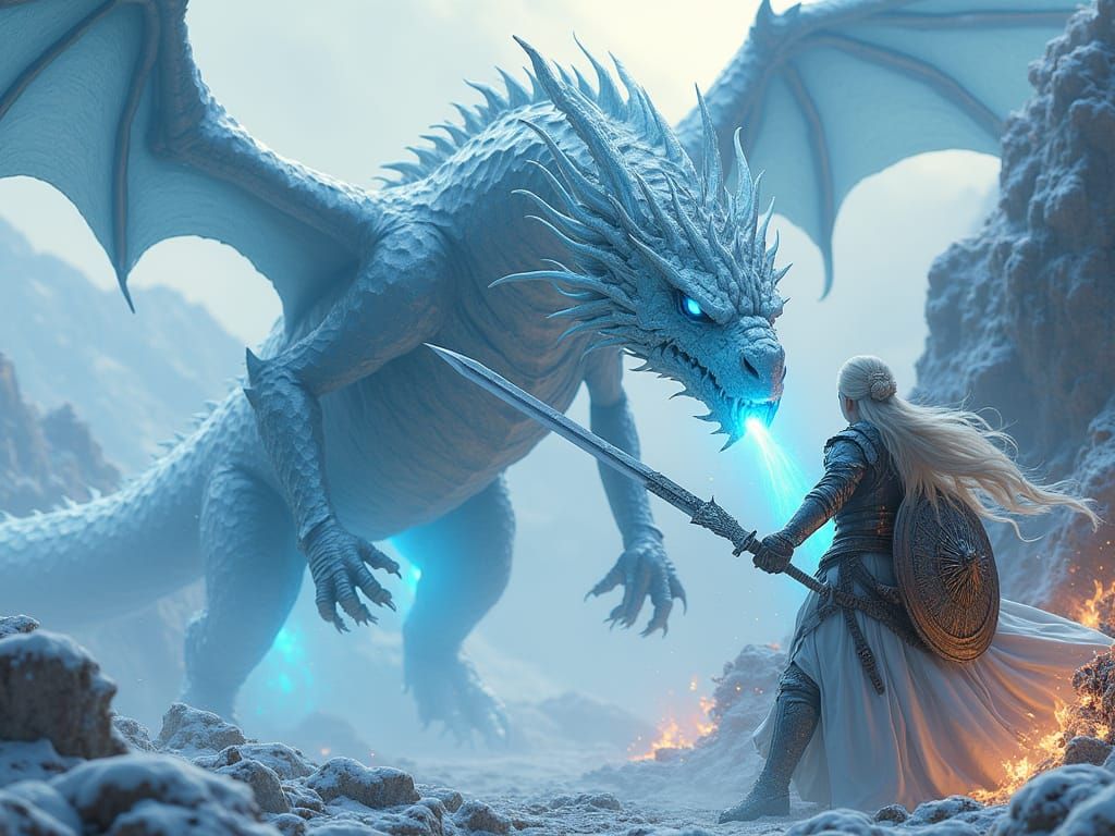 Ethereal Silver Snow Dragon Soars Above Medieval Kingdom