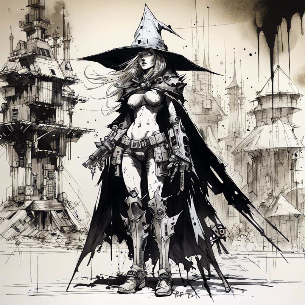 Goth Witch in Armor: Black and White Ink Drawing