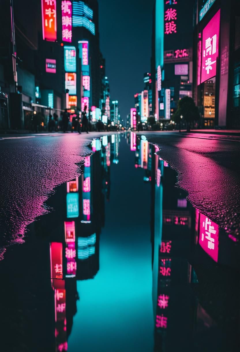 Neon Tokyo Cityscape Reflection at Night