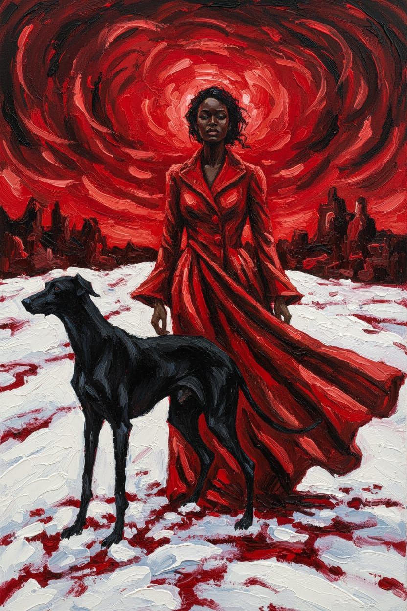 Black Woman in Red Coat with Dog in Snowy Landscape