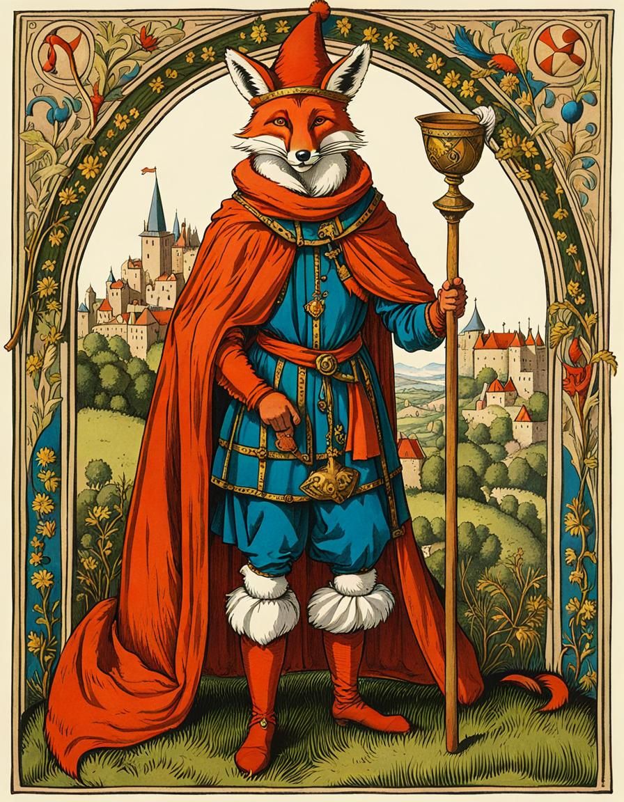 Fox as The Fool Tarot Card in Medieval Style