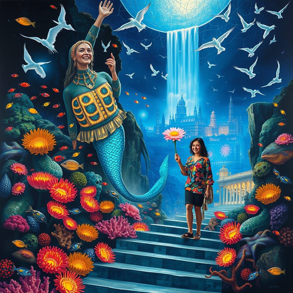 Psychedelic Floating City with Bioluminescent Mermaid, Surre...