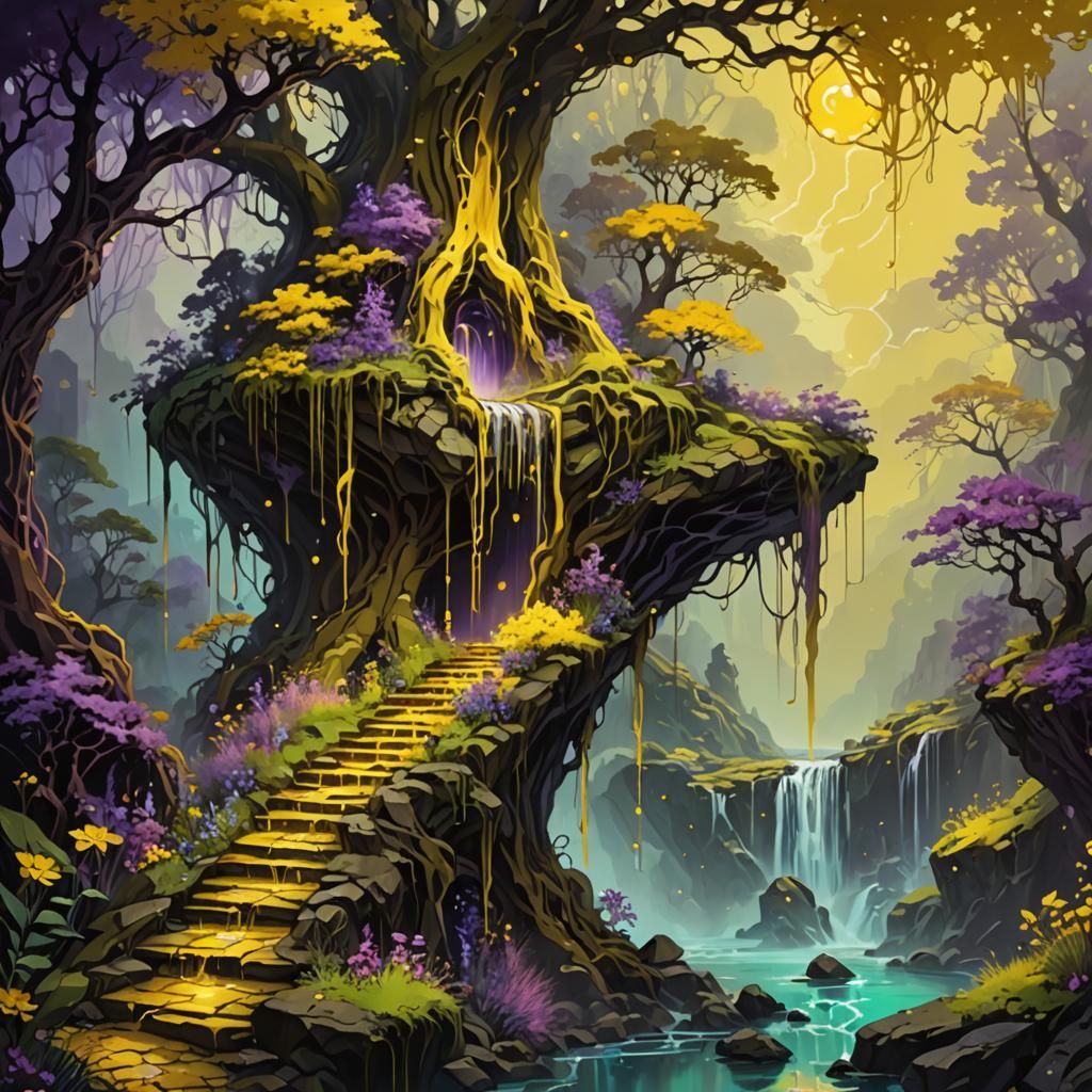 Eldritch Waterfall Landscape with Musical Elements in Acryli...