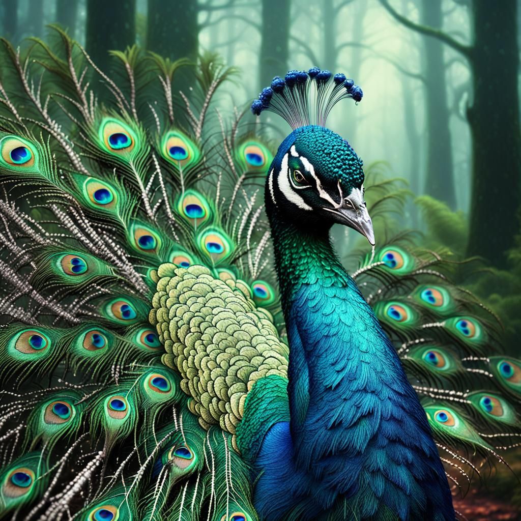 Surrealist Peacock in Lush Forest Tears with Iridescent Feat...