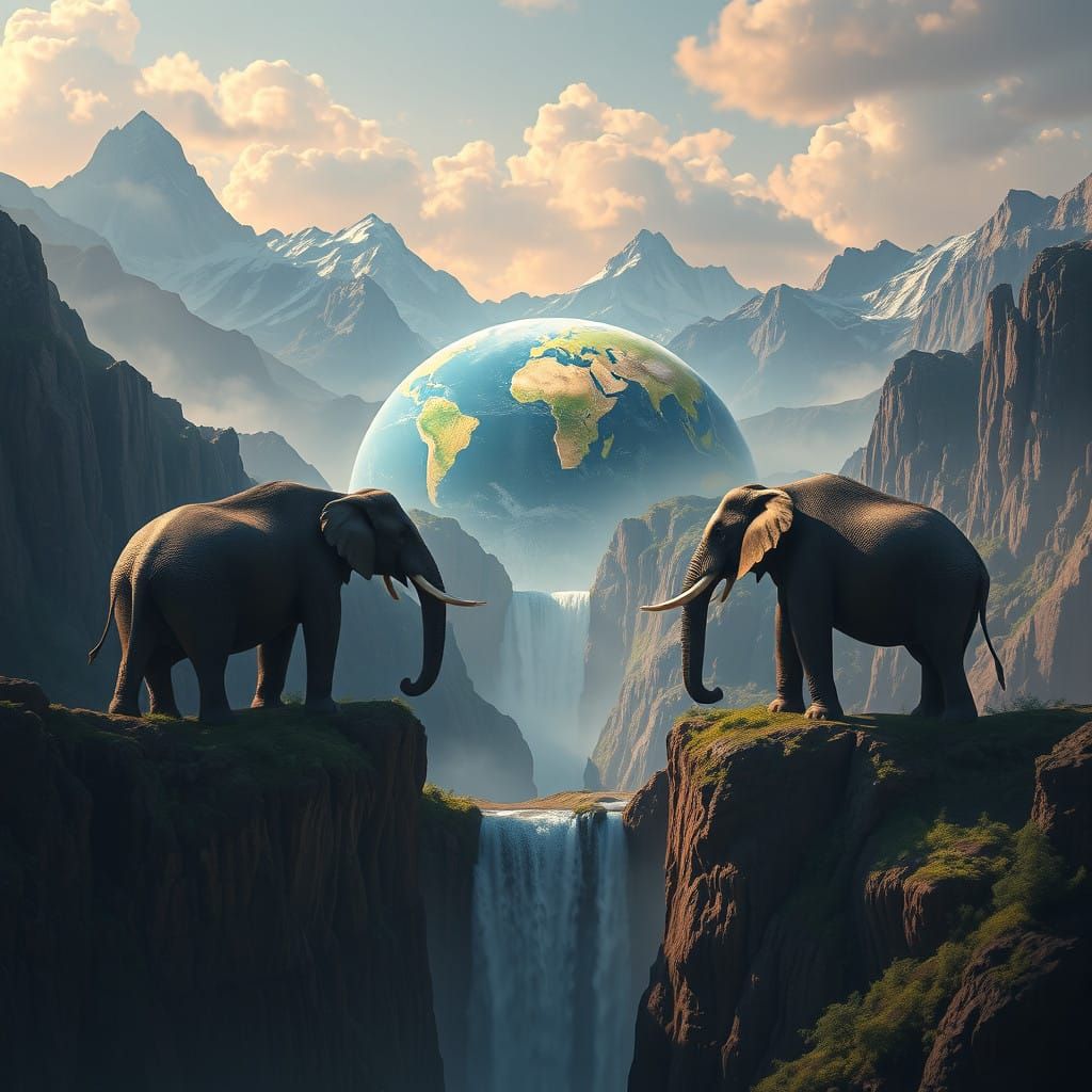 Four Majestic Elephants Holding the Flat Earth on Their Back...