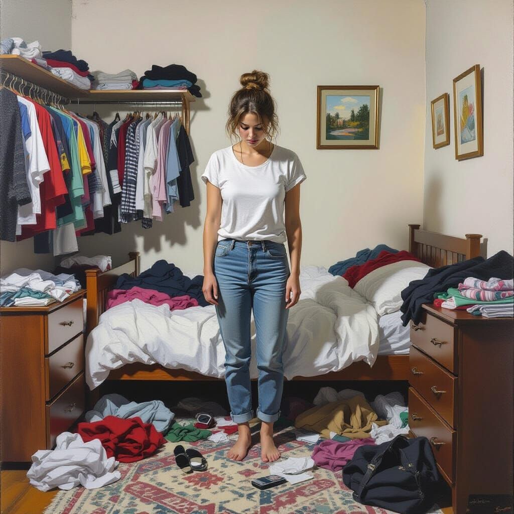 Woman Gathering Belongings in Expressive Style
