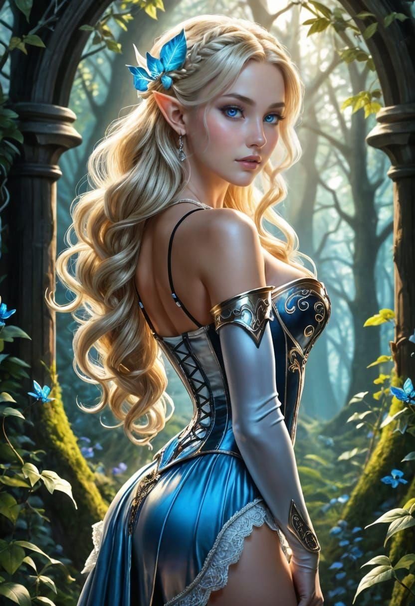 Beautiful Elf Queen in Mystical Forest Illustration