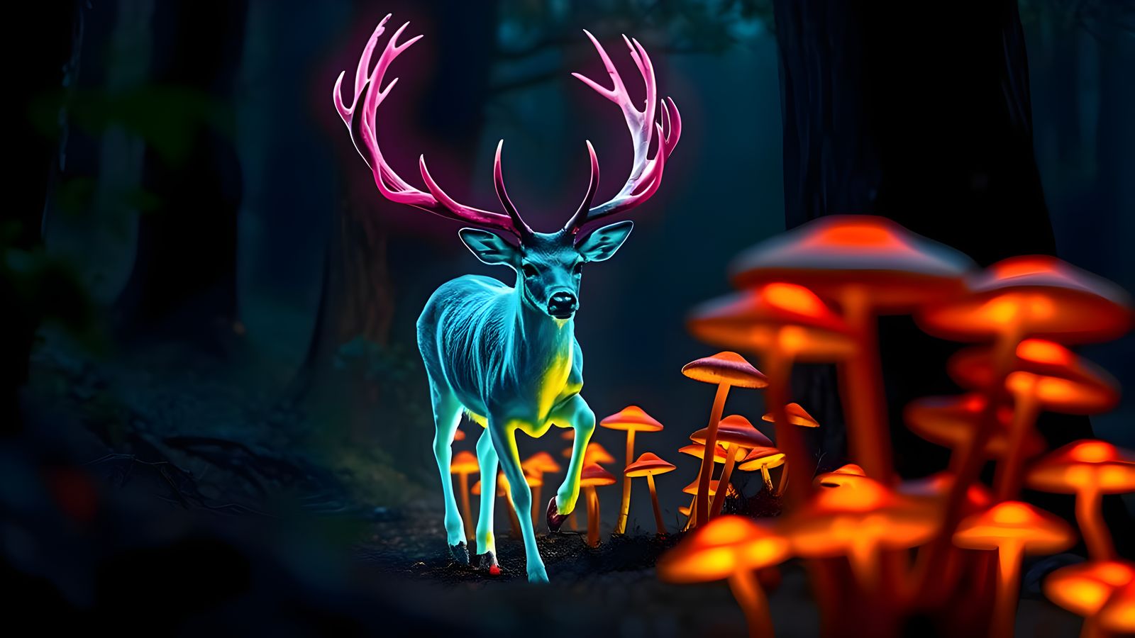 Glowing Deer Illuminates Dark Forest Scene