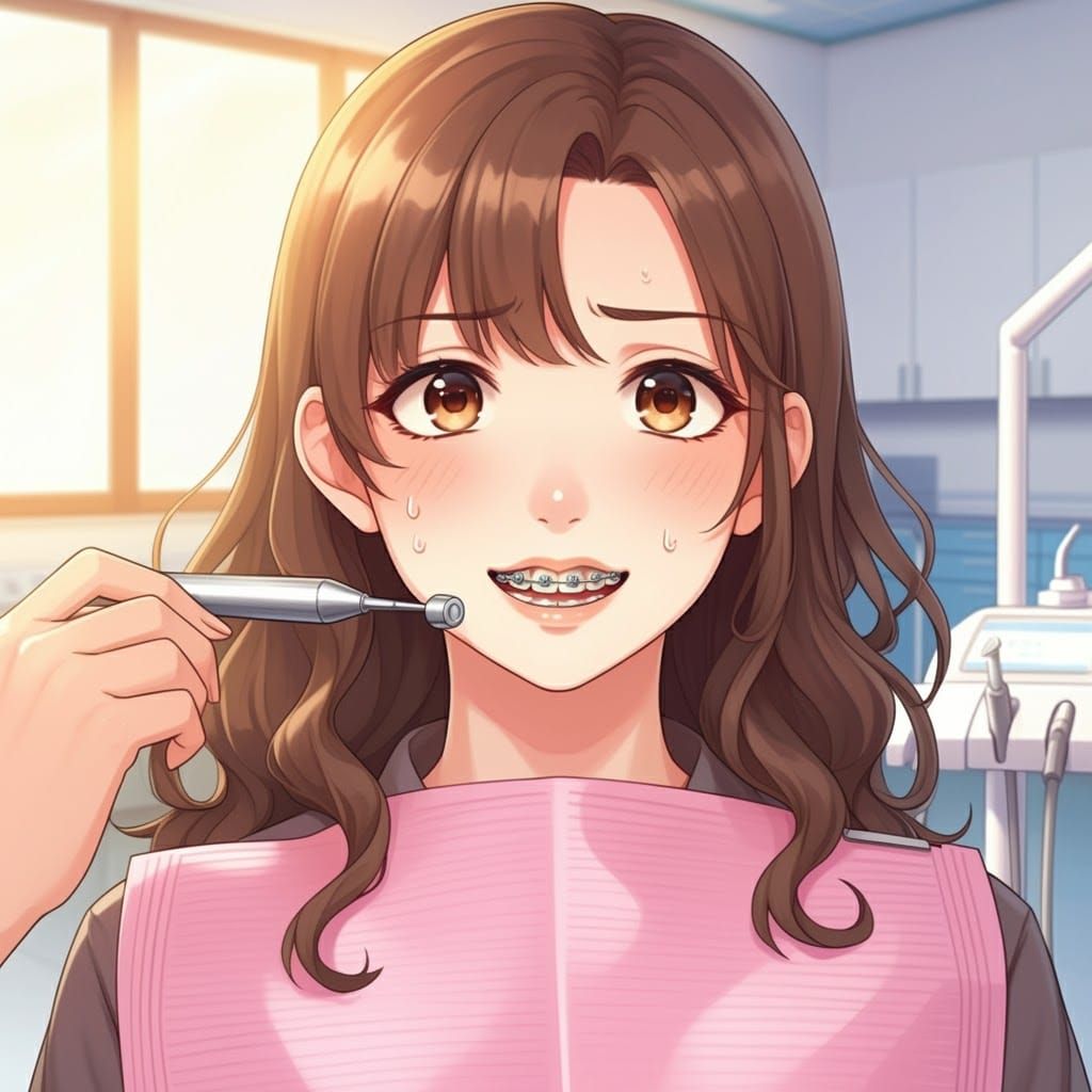 Anime-Style Dentist Visit with Young Woman in Braces