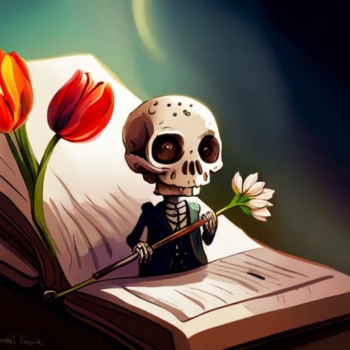 Cute Skeleton with Tulips: Colorful Fantasy Illustration