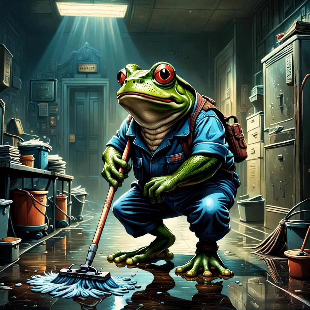 Frog Janitor with Mop in Comic Book Art Style