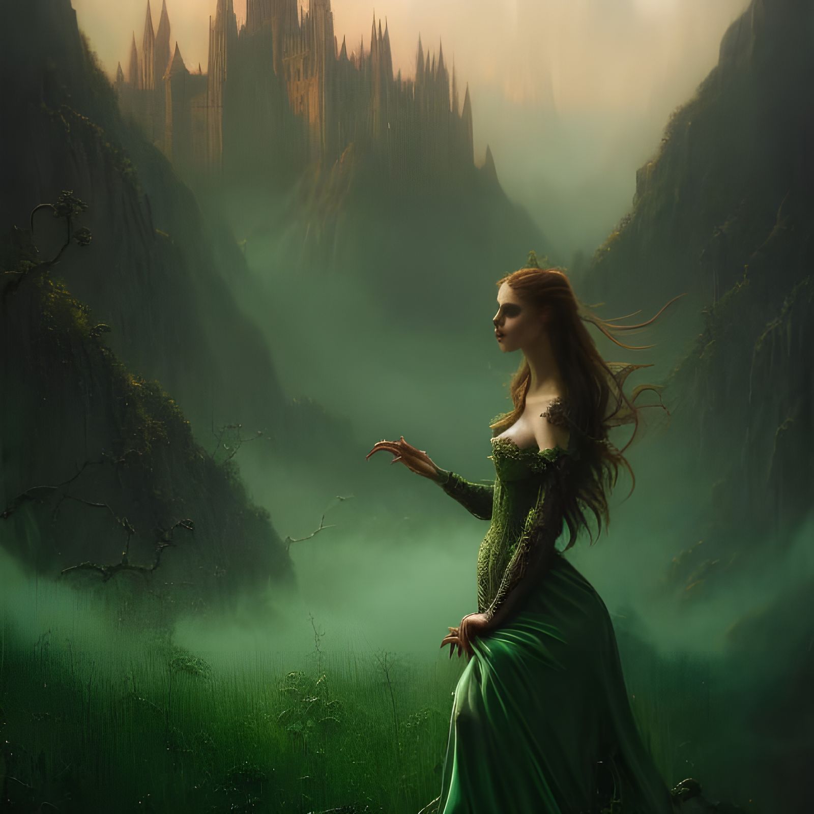 Woman in Front of Sinister Emerald City, Photorealistic