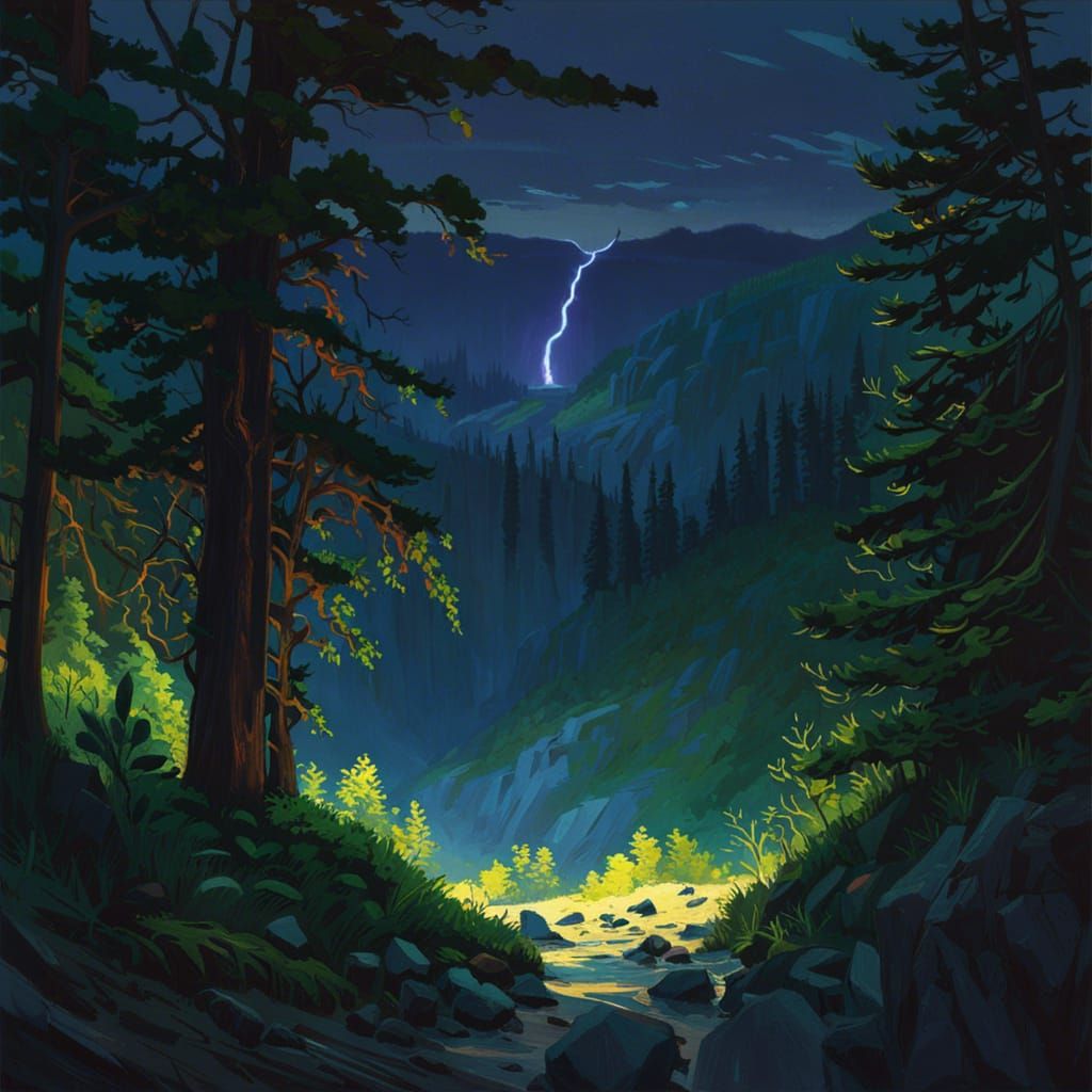 Eerie Dark Forest Landscape with Raging Thunder