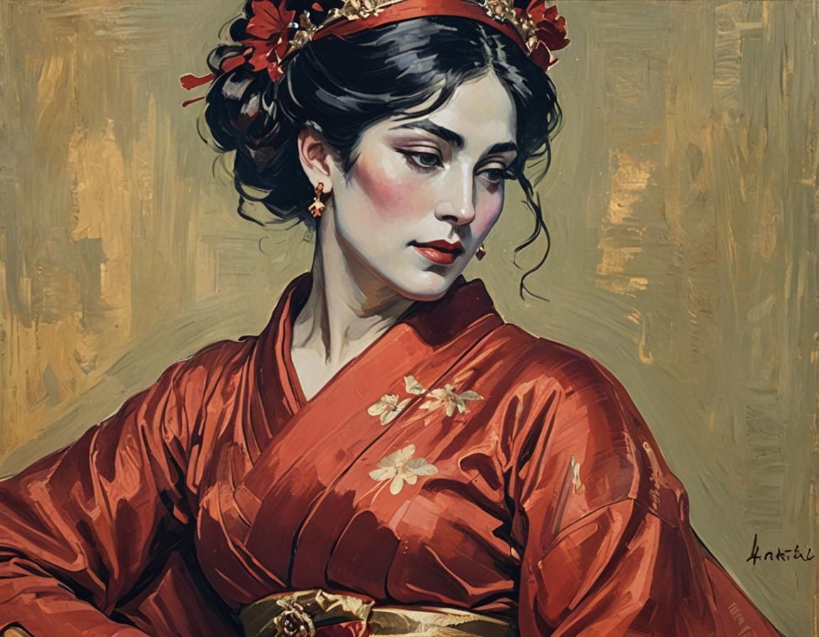Mata Hari in Red Kimono, Impasto Oil Painting