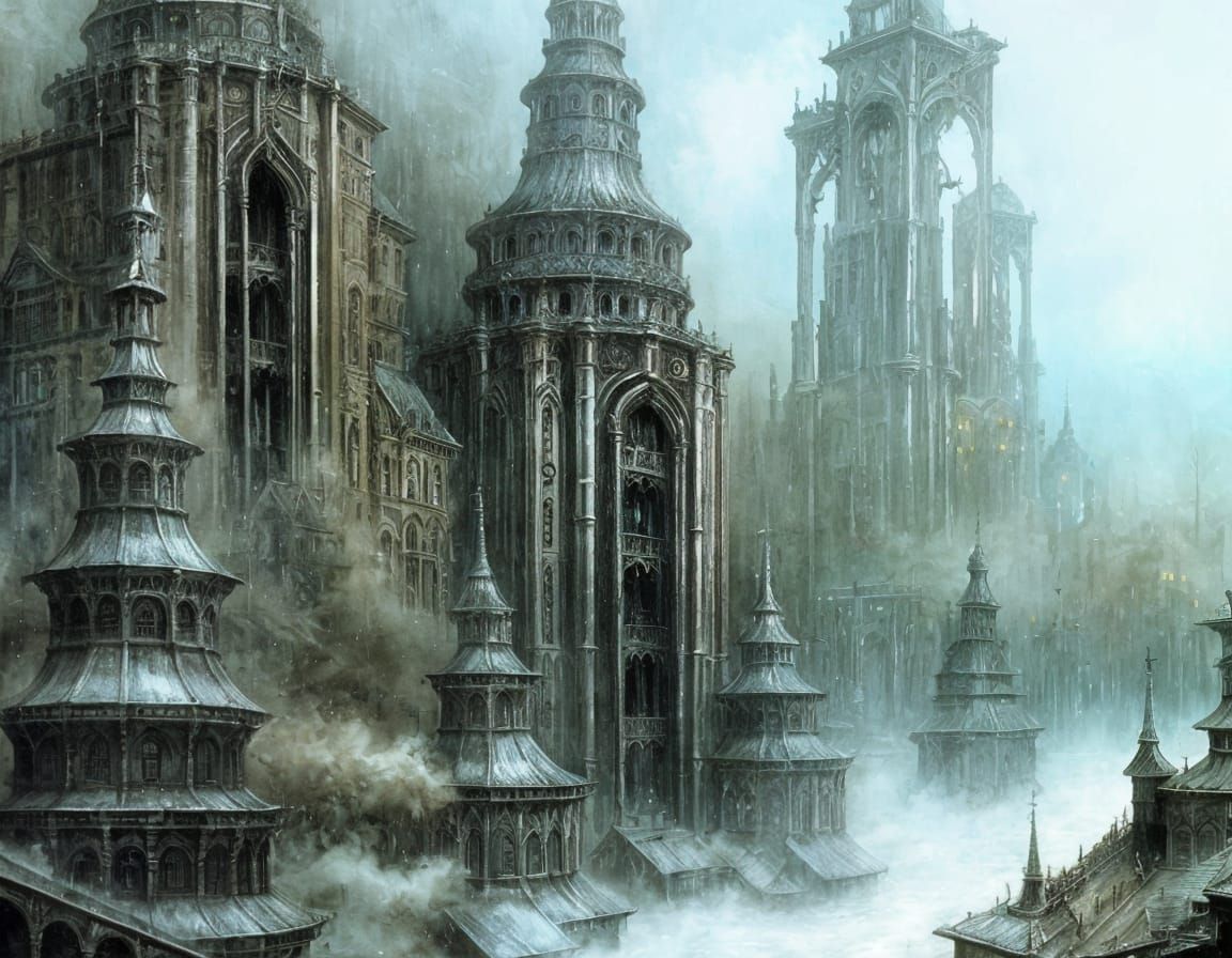 Gloomy Medieval Port City in the Rain