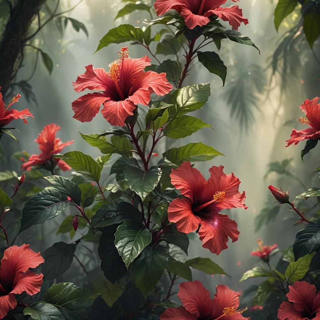 Mystical Red Hibiscus in a Jungle, Watercolor Art