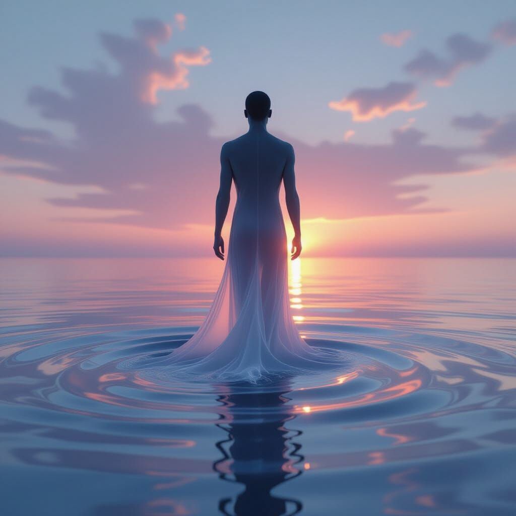 Surreal Figure Floats in Ethereal Dawn Light
