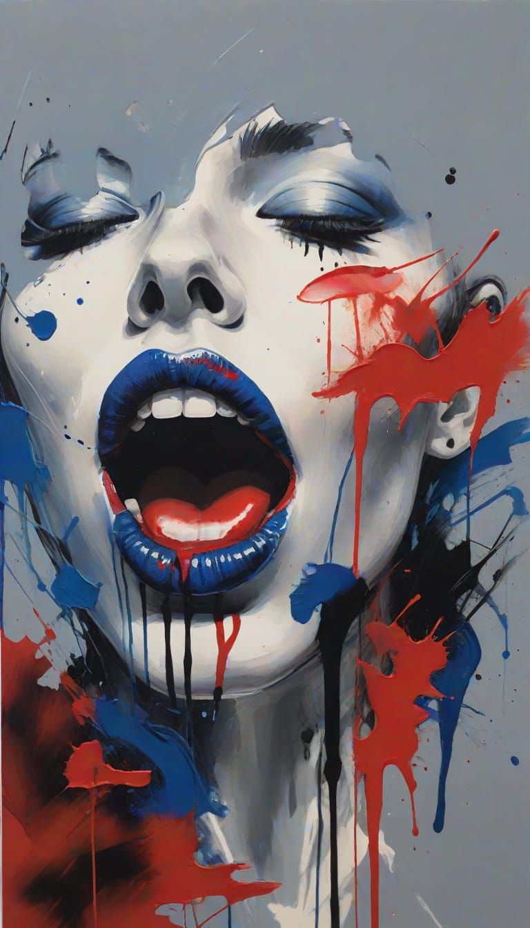 Expressive Mixed Media Portrait of Woman with Blue Lips