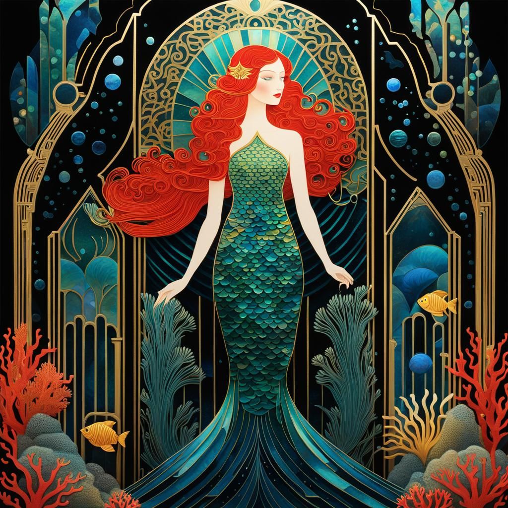 Erté-Style Mermaid in Art Deco Underwater Castle