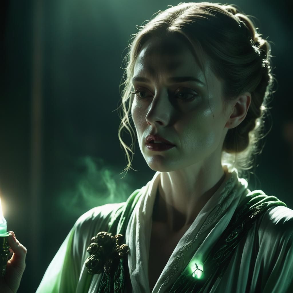 Woman with Vial in Moody, Atmospheric Lighting