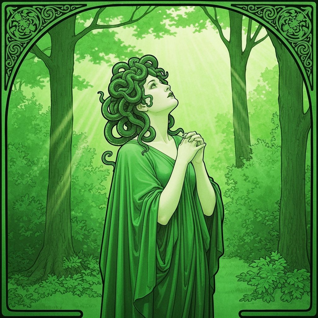 Art Nouveau Medusa Serene in Green Forest
