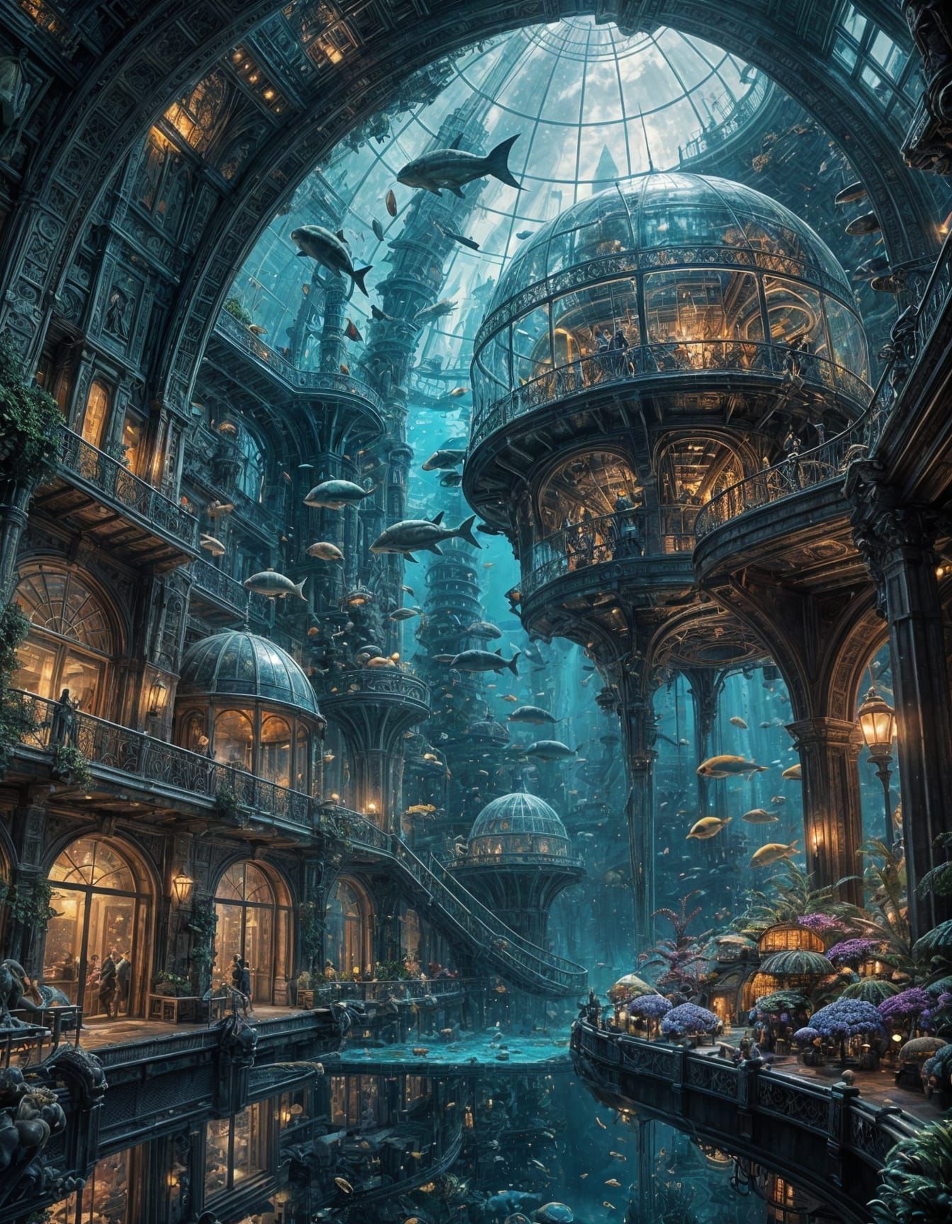 Bustling Underwater City in Transparent Dome