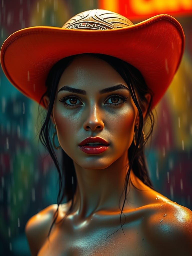 Elegant Wet Woman in Dramatic Rain, with Majestic Orange Hat