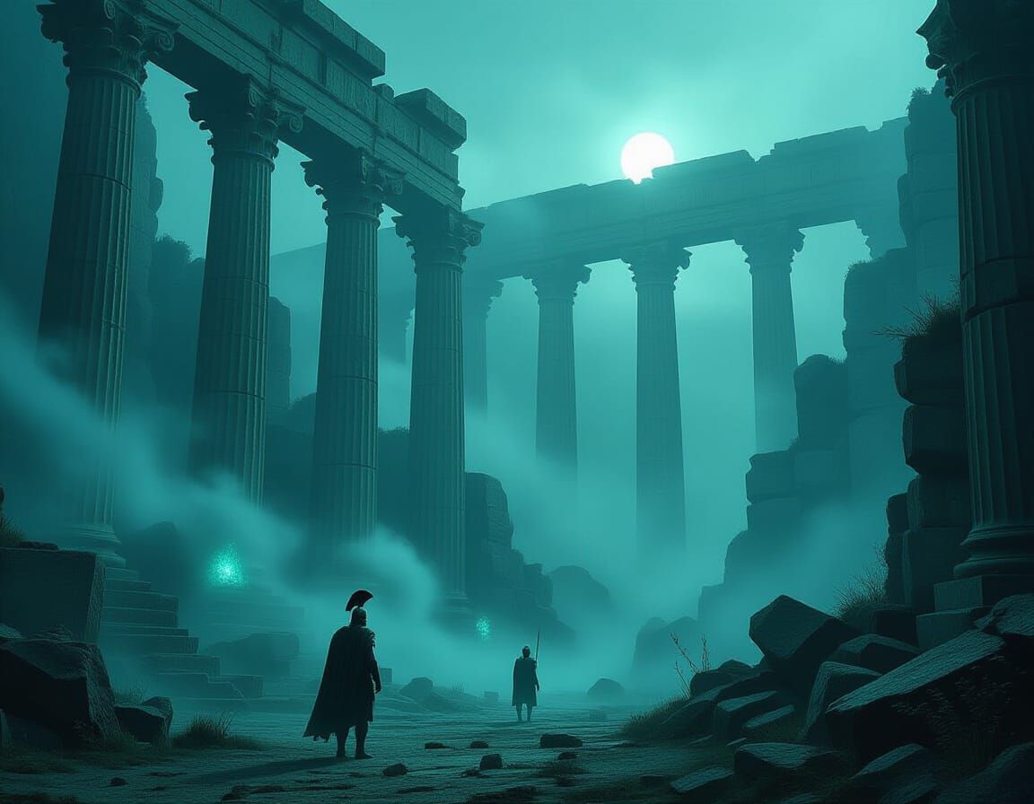 Forgotten Temple in Luminous Fog with Roman Legionary