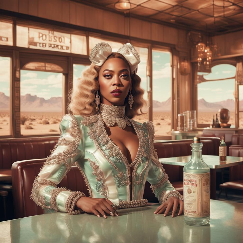Beyoncé in Retro Desert Bistro, Hyperrealistic Style