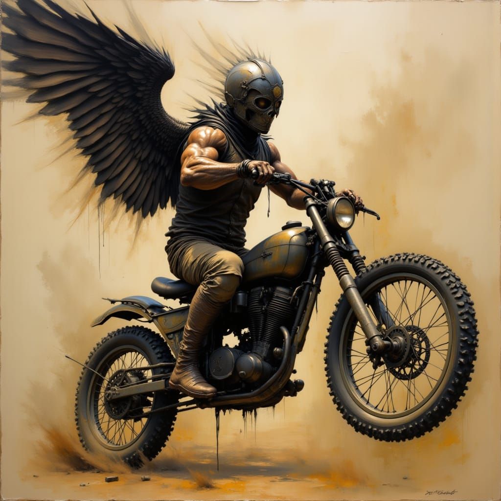 big abstract muscular dirt biker man with wings, Zdzisław Beksiński