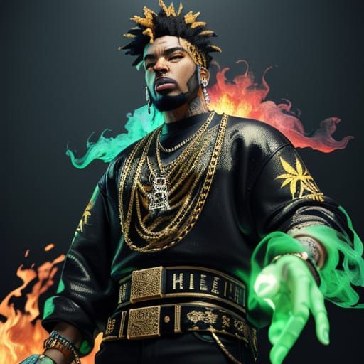 Flashy Rapper with Gold Chains and Skull Pendants, Holding W...