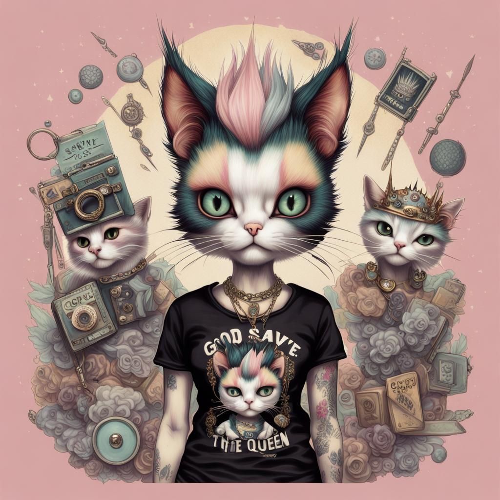 Punk Rock Calico Cat Girl with Mohawk