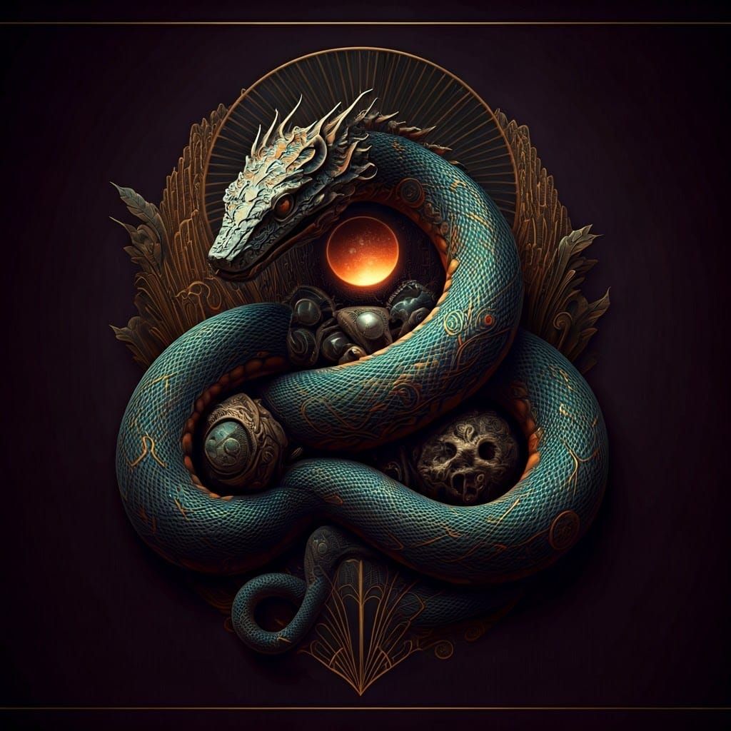 Majestic Serpent Coiled Around Ancient Relics