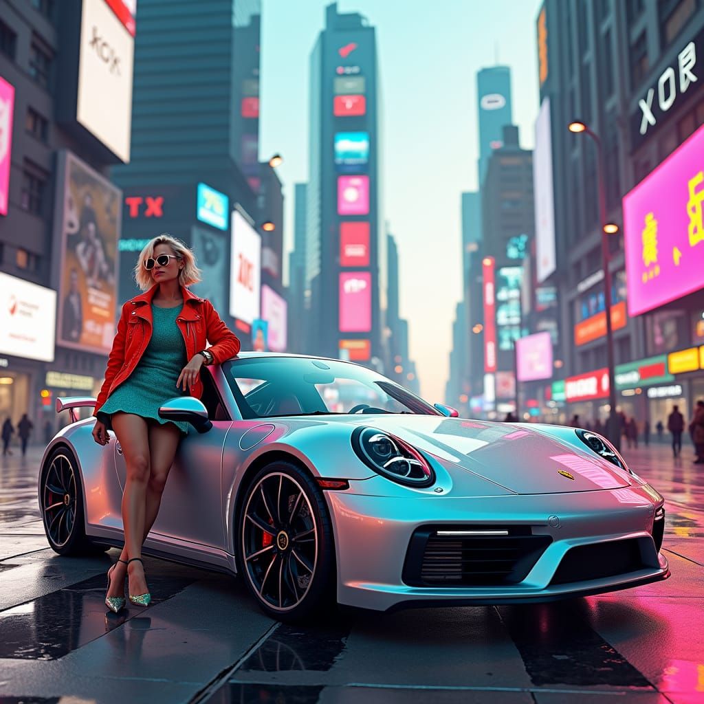 Porsche in Futuristic Cityscape with Bold Colors