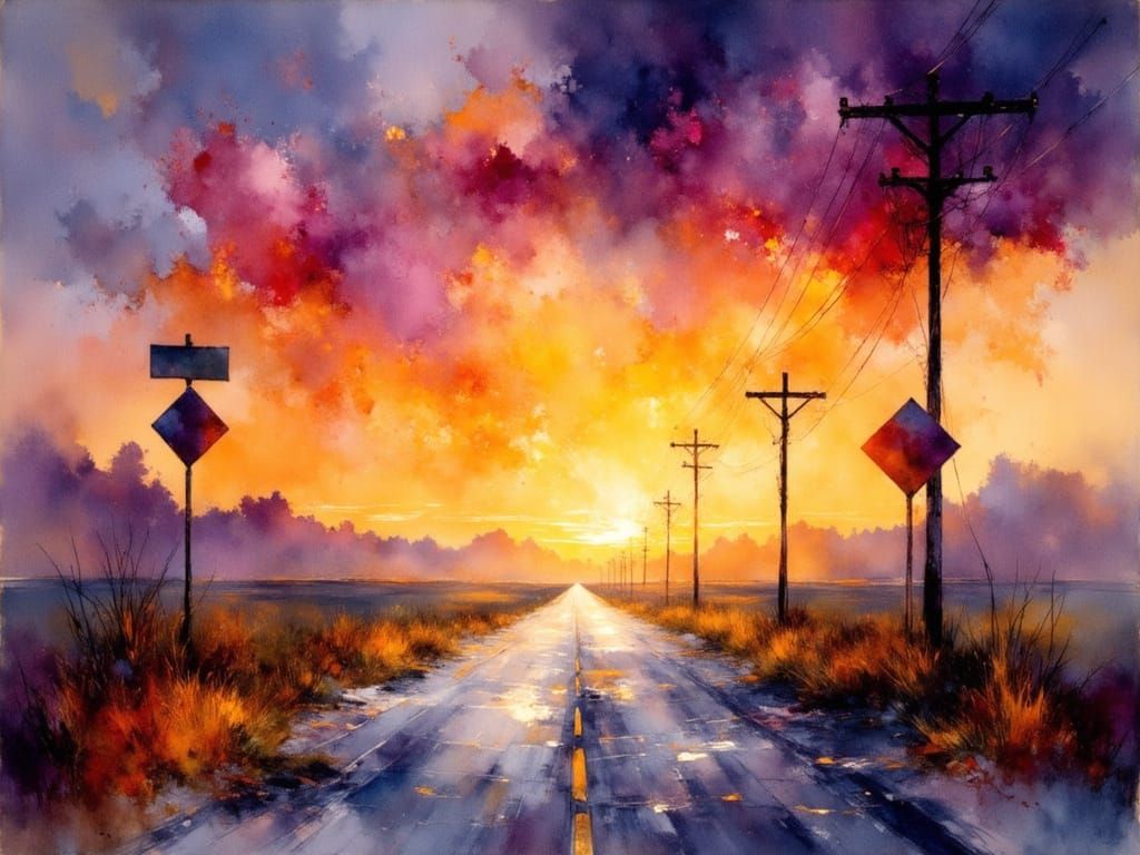 Deserted Crossroads at Twilight in Watercolor Style