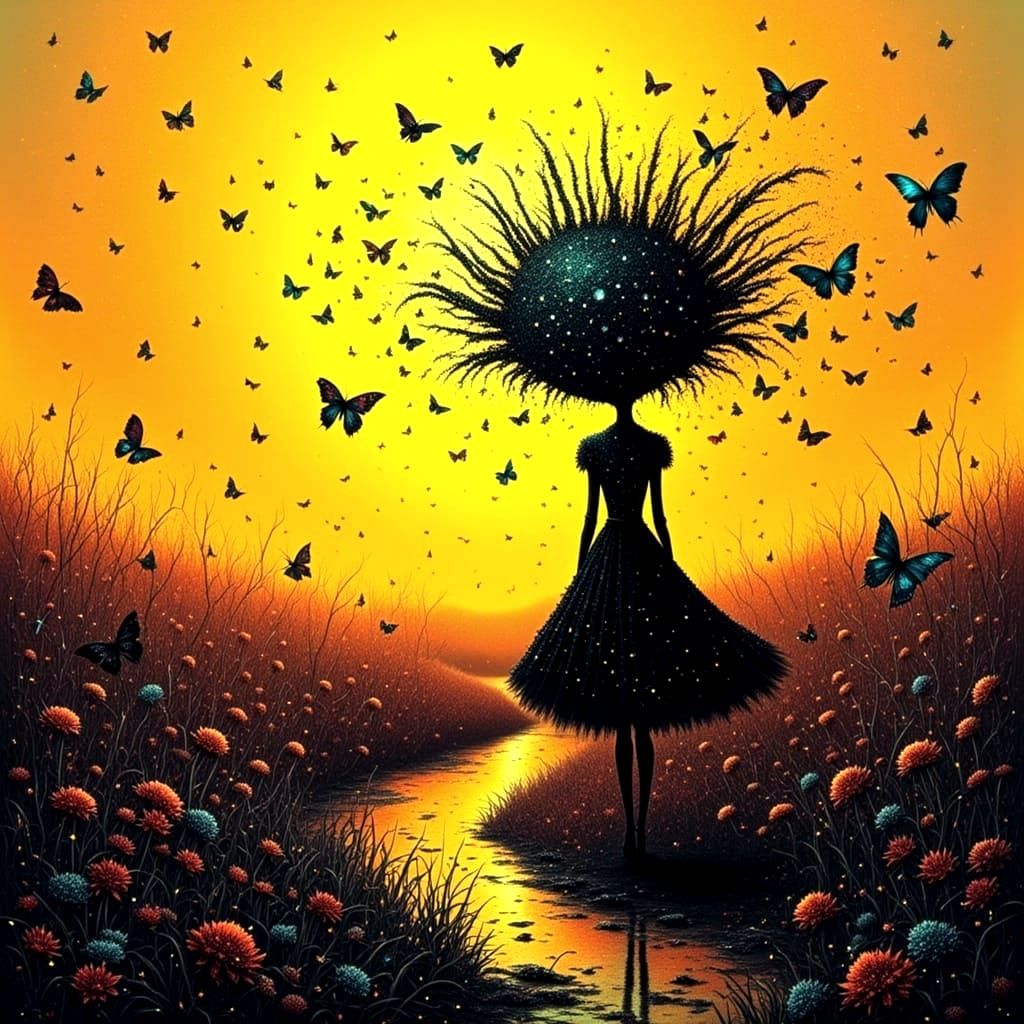 Surreal Dark Scene Under Sunlit Skies